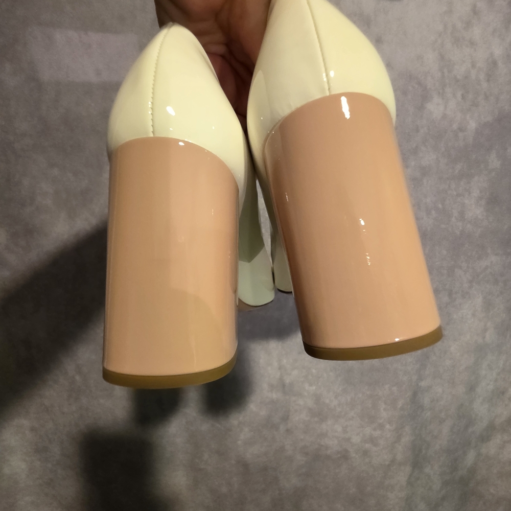 Prada Women's Cream and Blush Cap-Toe Patent Leather Flats - Picture 6 of 12
